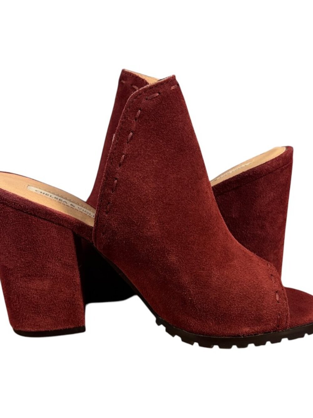 Chelsea & Violet Burgundy Faux Suede Peep Toe Mule Heels Size 10M Block Heel Boo - Picture 8 of 11